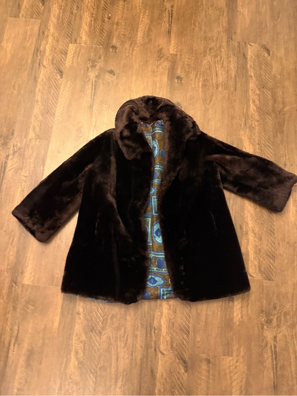 Vintage Sears Brown Faux Fur Coat with Blue Patterned Lining